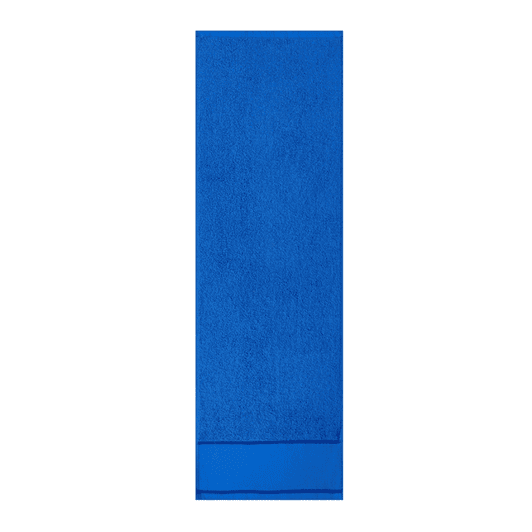 A blue gym towel with a soft texture and contrasting bottom strip. It features a branding logo.