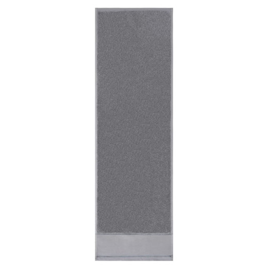 A grey cotton gym towel with a textured surface and a logo at the bottom.