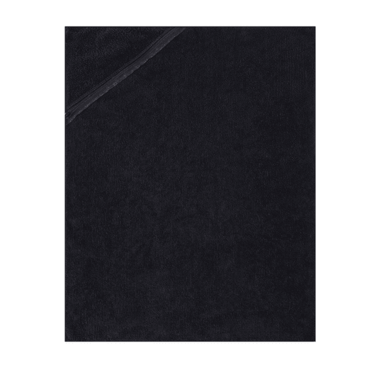 A soft black hand towel featuring a textured surface and a folded corner, with branding present.