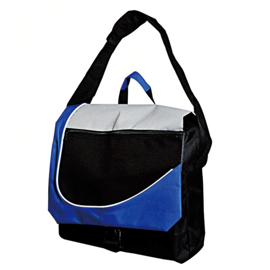 A messenger bag featuring a blue, grey, and black design, with an adjustable strap and front flap.