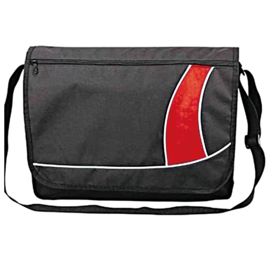 A black messenger bag with a red and white design, featuring a shoulder strap and a zippered compartment.