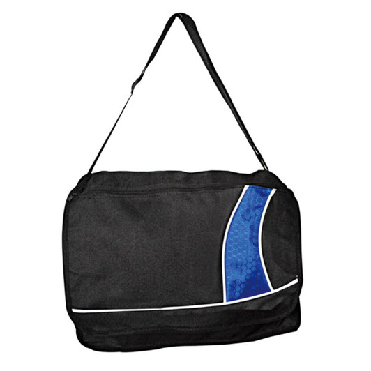 A black bag with a blue design and a shoulder strap, featuring a branding logo.