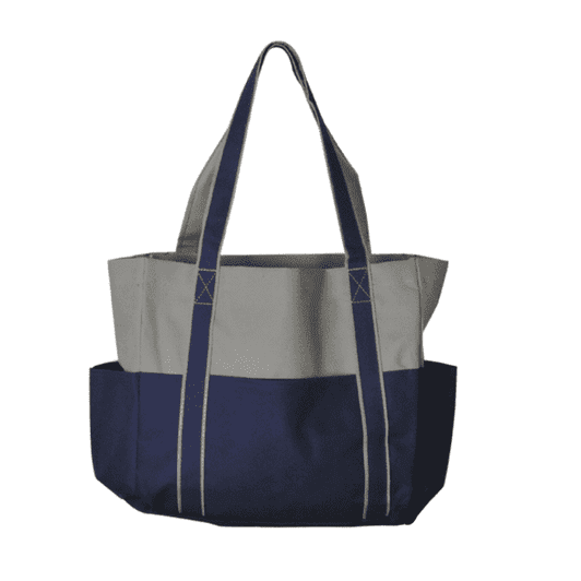 A tote bag in grey and navy with two handles and multiple pockets. It features a logo on the front.