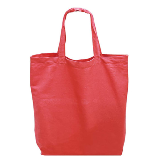 A tote bag in a vibrant coral colour with two handles and a simple design. It features a logo.