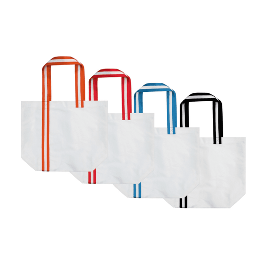 A set of four tote bags in white, featuring bright striped handles in orange, red, blue, and black. Each bag has a logo.