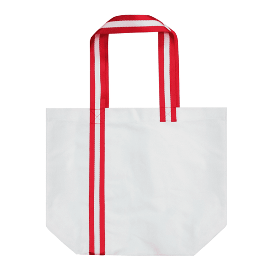A tote bag in white with red striped handles, featuring a simple and spacious design.