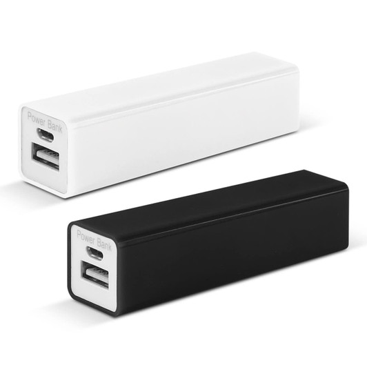 A power bank in black and white with USB ports, featuring a simple rectangular design and a logo.