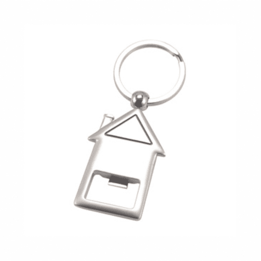 A keyring bottle opener shaped like a house, made of silver metal with a smooth finish.