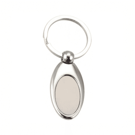 A keyring with a shiny silver finish and an oval shape, featuring a smooth, blank surface.