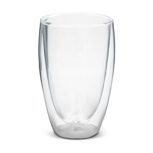 A double wall glass in clear glass, featuring a sleek, modern design, ideal for beverages.