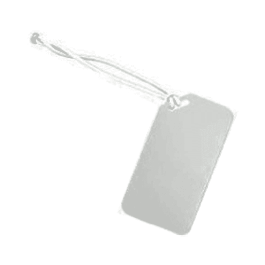 A blank tag with a string attachment, featuring a simple rectangular shape and a plain surface.