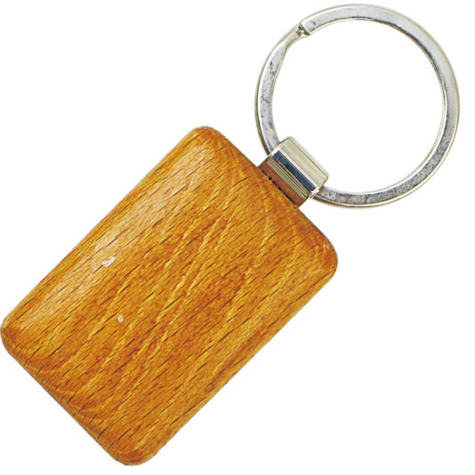 A wooden keyring with a smooth rectangular surface and a metal ring. The keyring has a warm, light brown colour.