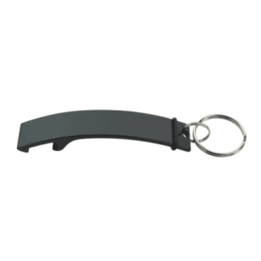 A black keyring bottle opener featuring a curved design and a metal ring for attachment.