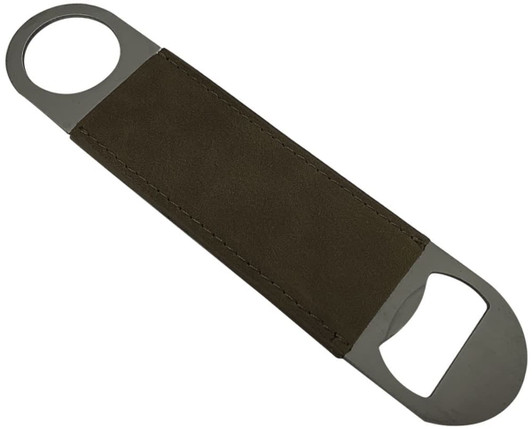 A bottle opener with a grey metal design and a brown fabric grip. Features two openings for easy use.