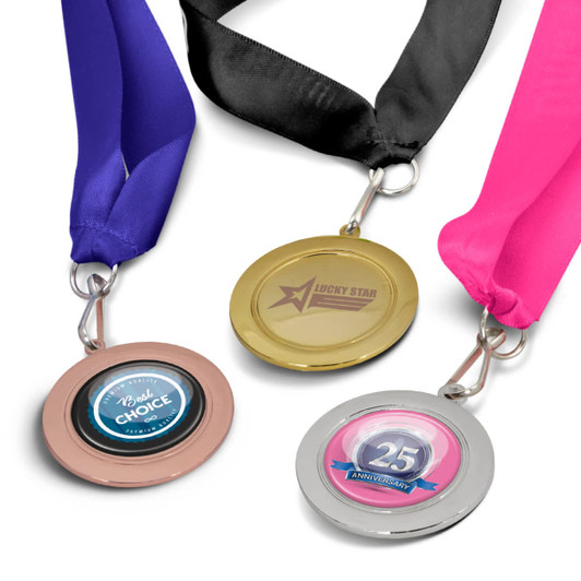 A set of three podium medals featuring gold, silver, and bronze finishes, each attached to different coloured ribbons.