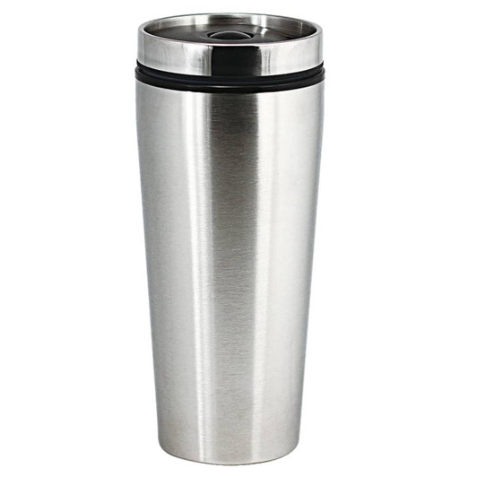 A drink bottle in a sleek stainless steel finish with a black rubber seal and a lid. It features a logo.