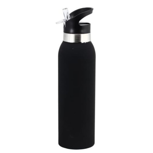 A drink bottle in matte black with a silver band and a flip-top lid, featuring a logo.
