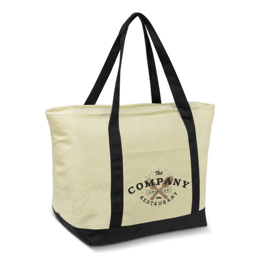 A large cooler bag in cream with black straps and a logo. Ideal for carrying food and drinks.