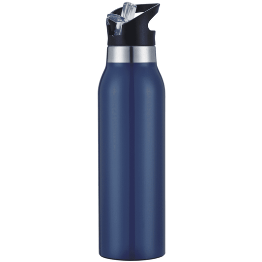 A drink bottle in navy blue featuring a flip-top lid and a silver accent. It has a logo on the side.