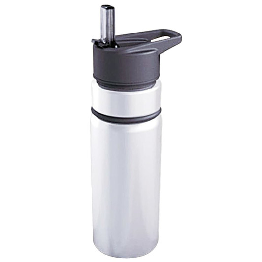 A drink bottle in silver and black with a straw and a handle, featuring a sleek, modern design.