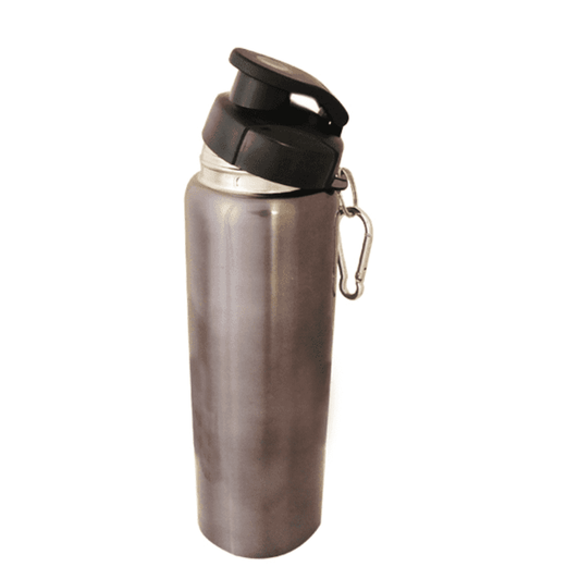 A drink bottle in stainless steel with a black lid and a carabiner attached.