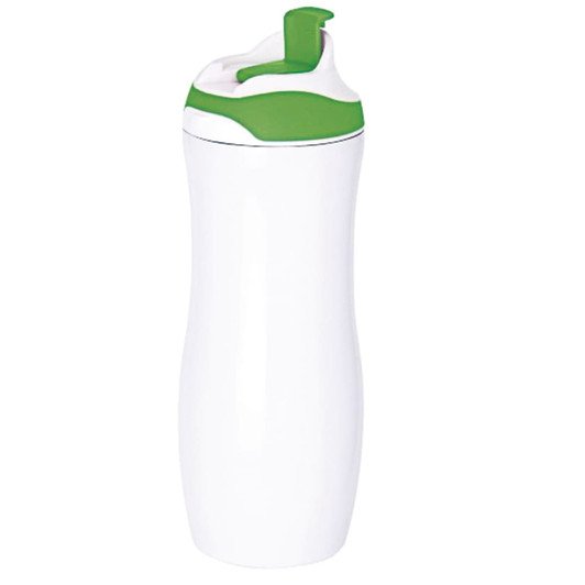 A drink bottle in white with a green lid, featuring a spout and a branded logo.