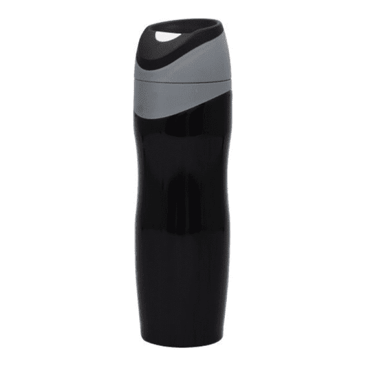 A drink bottle in black with a grey top, featuring a sleek, curved design and a logo.