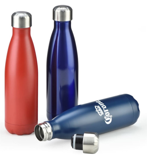 A drink bottle set featuring three metal bottles in red, blue, and navy, with stainless steel lids and a logo.