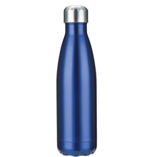 A drink bottle in a sleek blue finish with a metallic silver cap and a smooth, curved design.