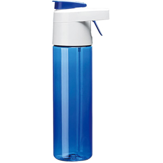 A drink bottle in a vibrant blue, featuring a white spray top and a simple design with a logo.