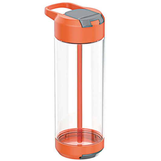 A drink bottle featuring a clear body with an orange lid and a built-in straw. It has a handle for easy carrying.