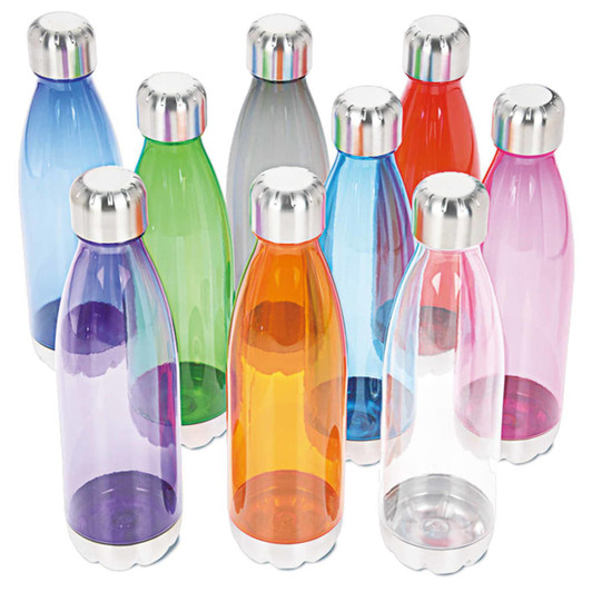 A drink bottle collection featuring various colours including purple, green, orange, blue, and pink, with silver caps.