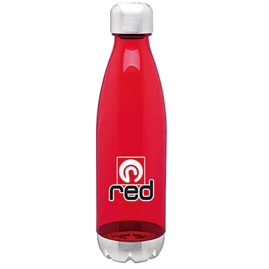 A drink bottle in vibrant red with a silver cap and a logo on the front.
