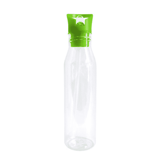 A drink bottle with a transparent body and a bright green cap, featuring a logo on the cap.