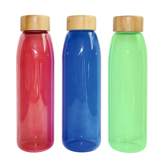 A drink bottle trio featuring pink, blue, and green bottles with bamboo lids and a logo.