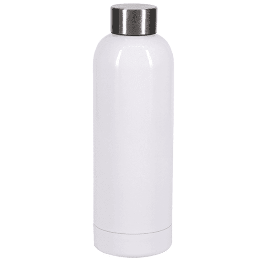 A drink bottle in glossy white with a silver stainless steel lid and a sleek, modern design.