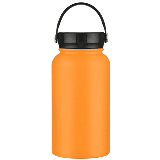 A drink bottle in bright orange with a black lid and handle, featuring a simple design and sturdy build.