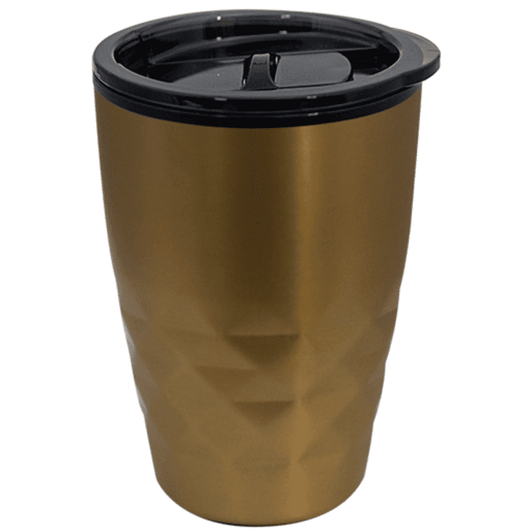 A coffee mug in a metallic gold colour with a textured design and a black lid. Features a logo.
