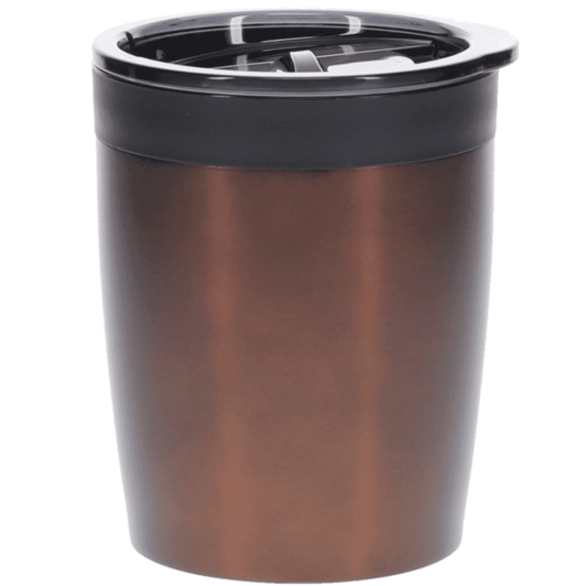 A coffee mug in a bronze finish with a black lid and a built-in drink spout. It features a logo on the front.