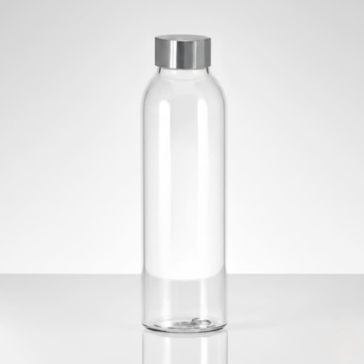 A drink bottle with a clear glass body and a silver metal lid.
