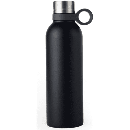 A drink bottle in matte black, featuring a stainless steel lid and a looped handle. It includes a logo.