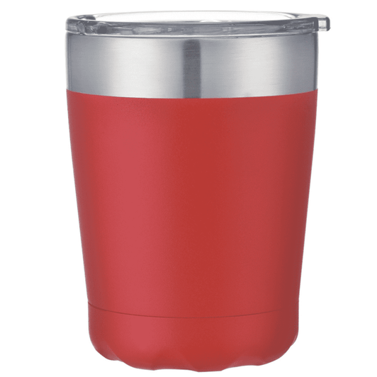 A red coffee mug with a stainless steel rim and a clear lid, featuring branding on the surface.