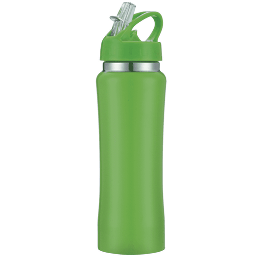 A drink bottle in vibrant green with a flip-top lid and a built-in straw. It features a metal band near the top.