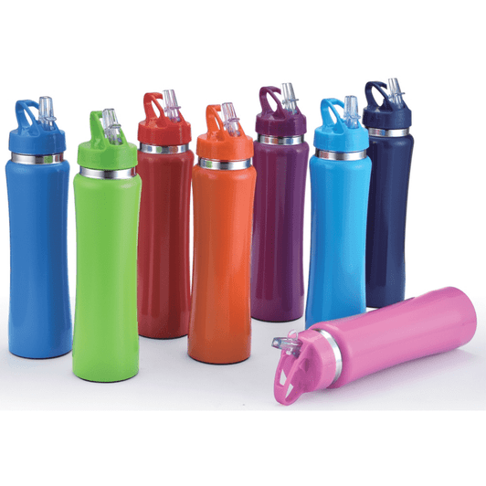 A range of drink bottles in various colours: green, orange, pink, purple, blue, and dark blue, all with a logo.