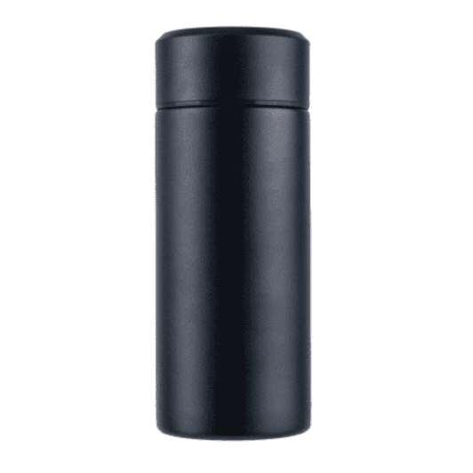 A drink bottle in sleek black with a smooth finish and a lid, featuring a minimalist design.