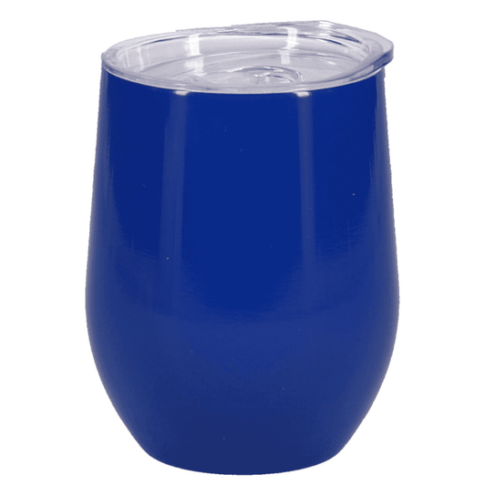A drink bottle in a vibrant blue shade with a clear, plastic lid. Features a sleek, rounded design.