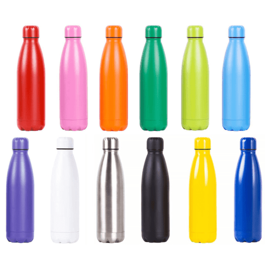 A drink bottle collection featuring red, pink, orange, green, blue, purple, white, stainless steel, black, and yellow colours.