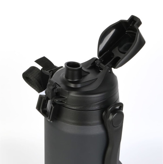 A drink bottle in matte black with a flip-top lid and a handle, featuring a logo.
