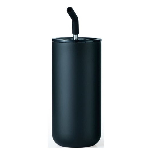 A drink bottle in matte black with a stainless steel straw and a sleek cylindrical design. It features a logo.