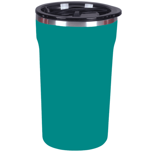 A teal coffee mug with a black lid and a stainless steel rim, featuring a branding logo.